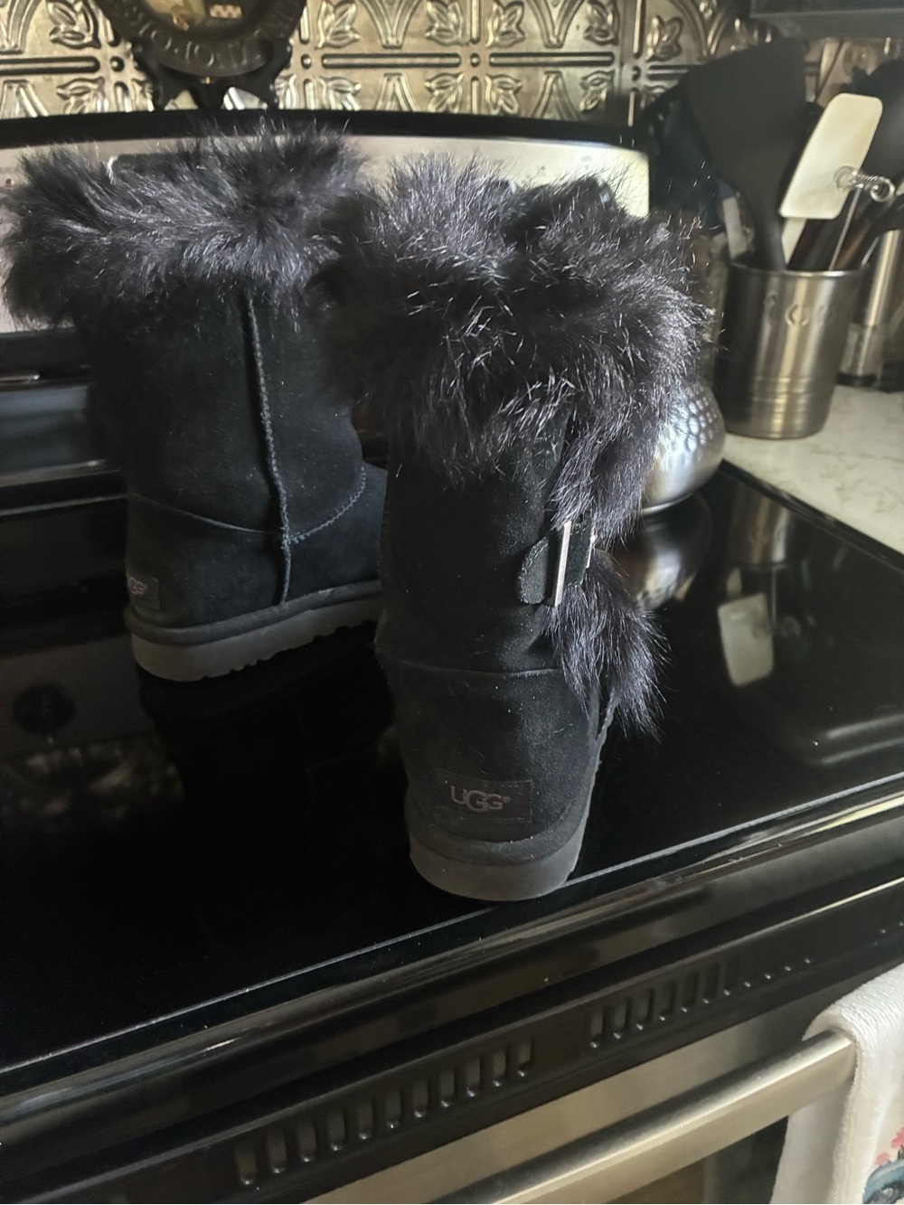 UGG Black Suede Fur-Trim Mid-Calf Boots with Buckle - Picture 3 of 4